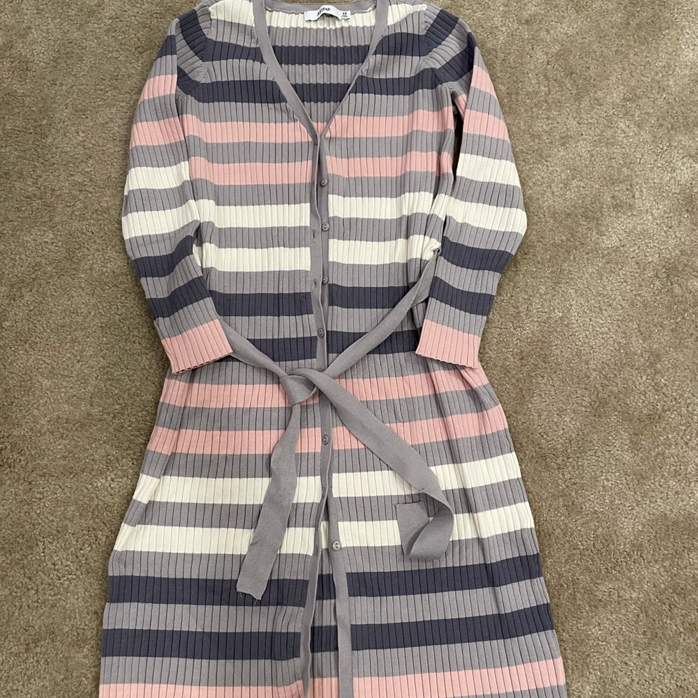 JustFab Striped Ribbed Cardigan Dress in Gray, Pink, Cream